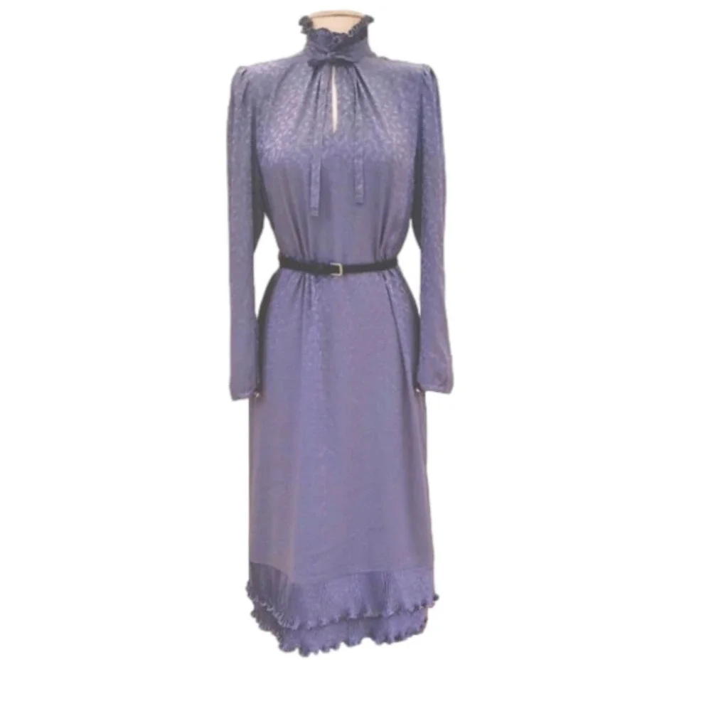 VTG 70s Iridescent Lavender Dress High Neck Ruffle Puff Sleeve Cottagecore M L - Picture 1 of 10